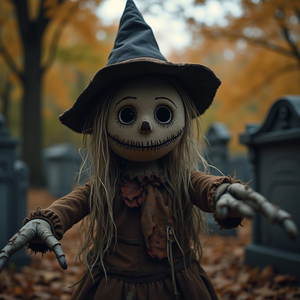 Hollow-Eyed Scarecrow Awakens in Autumn Graveyard