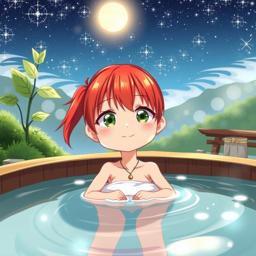 Chibi Girl in Hakone Onsen Under Starry Sky