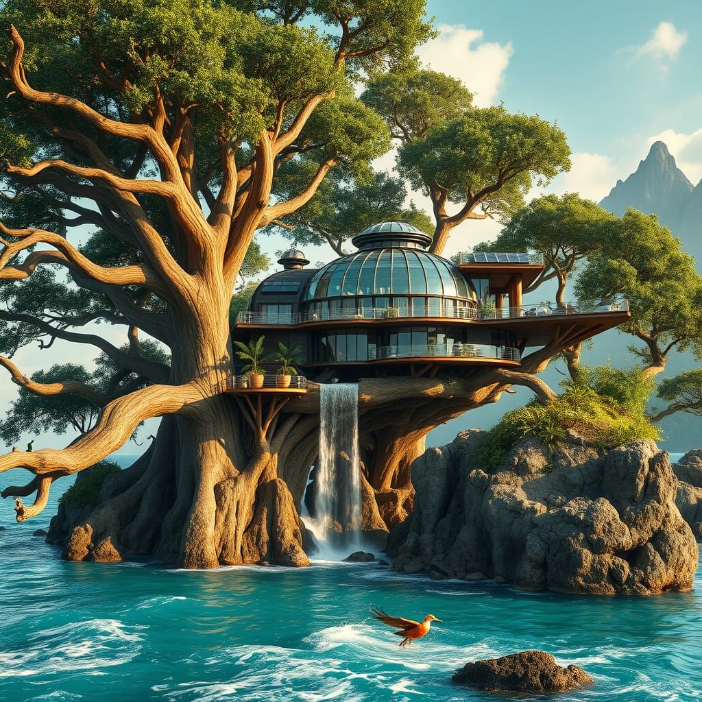 Island Treehouse Mansion with Glass Domes, Digital Art