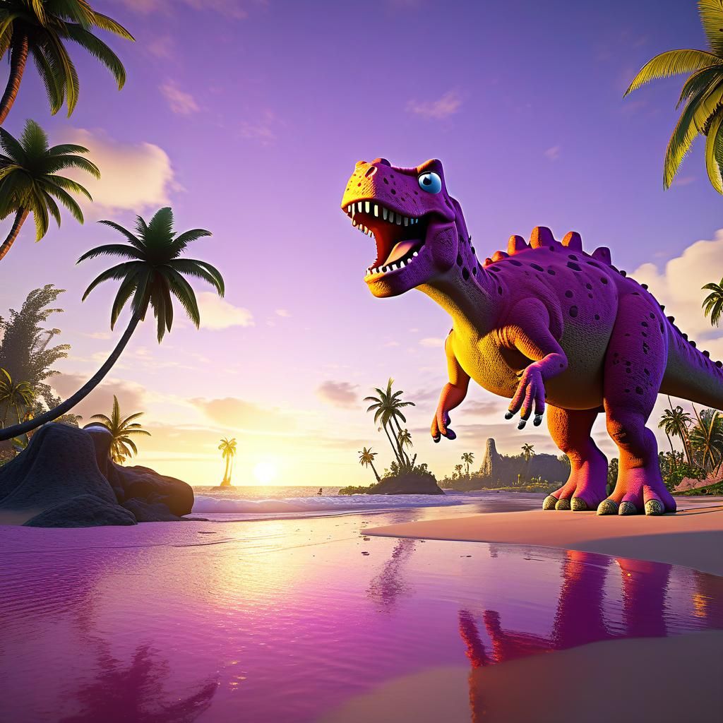 Spongebob and Patrick at Beach with T-Rex in 3D