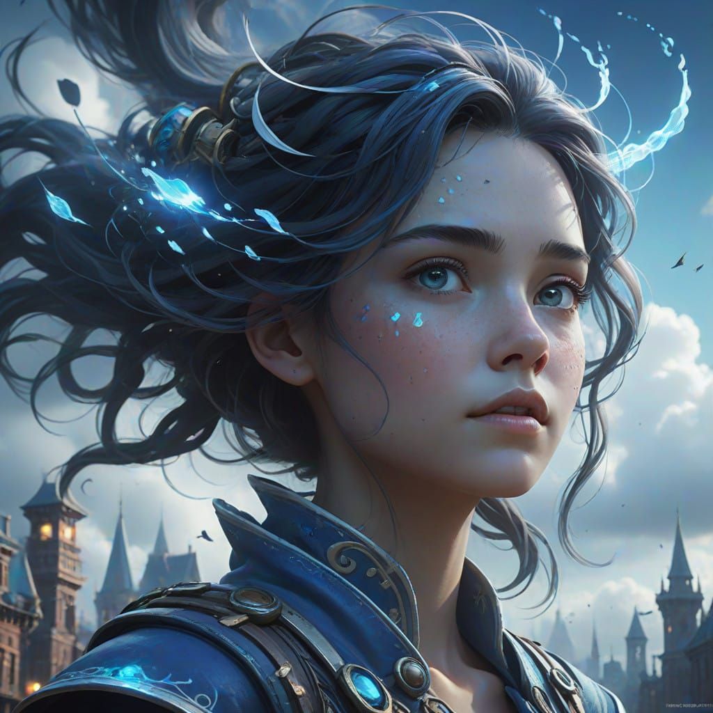 Majestic Air Elemental Woman in Whimsical Cloud City