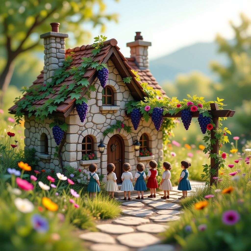 Whimsical Black and White Village in a Lush Meadow