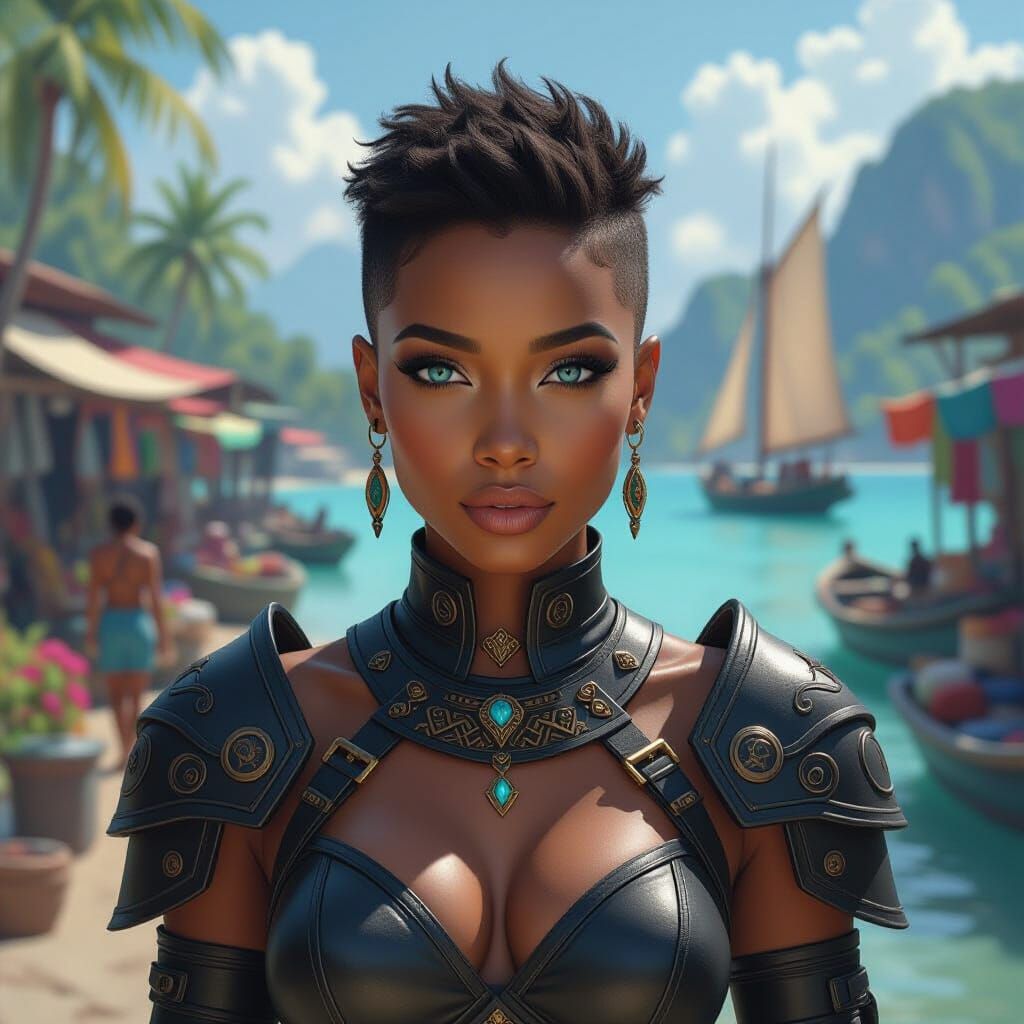 African Warrior in Island Port, Digital Art