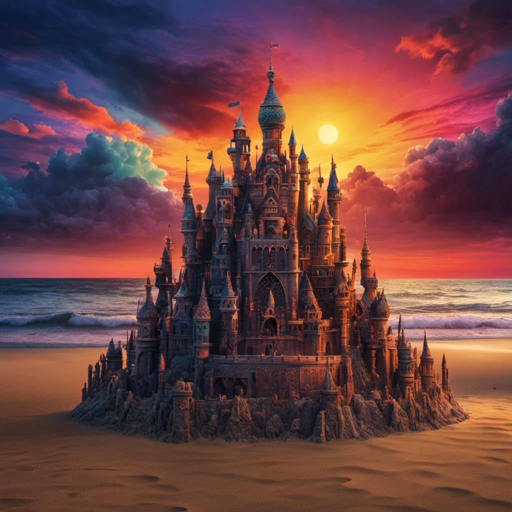 High Gothic Sandcastle at Sunset in Graffiti Style