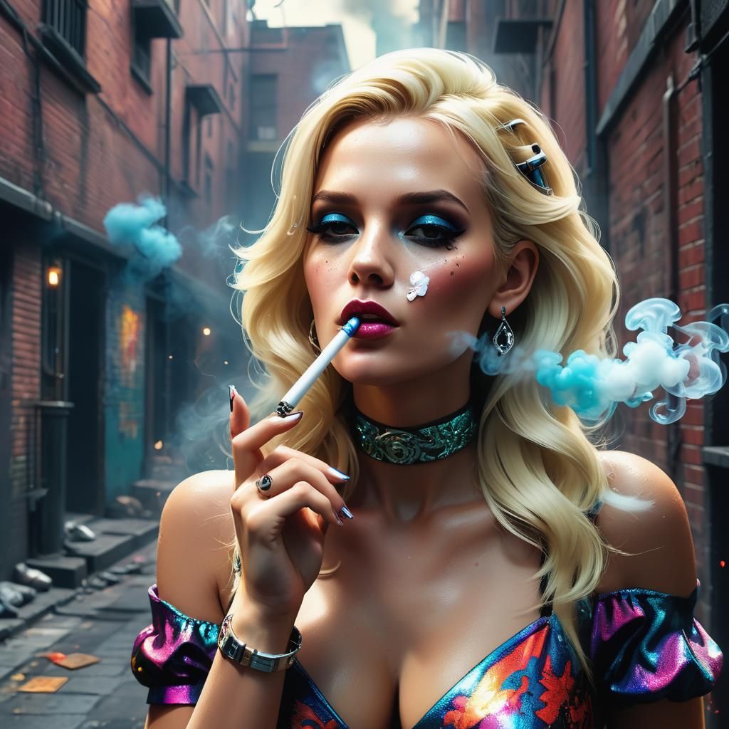 Blonde Woman Smoking Vape in Alleyway