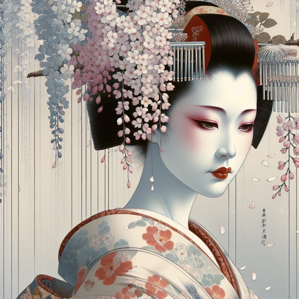 Ephemeral Geisha Portrait in Ukiyo-e Style