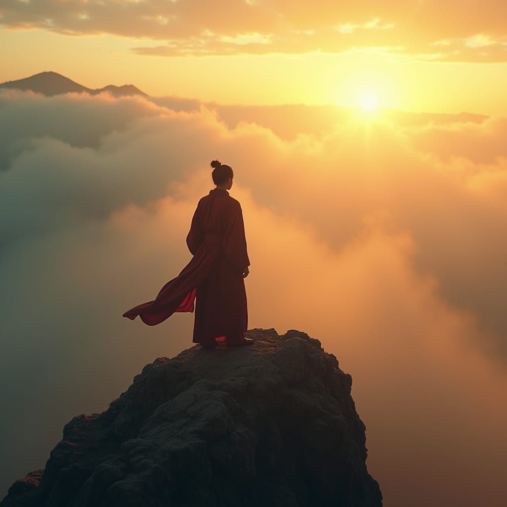 Martial Artist on Misty Peak at Sunrise