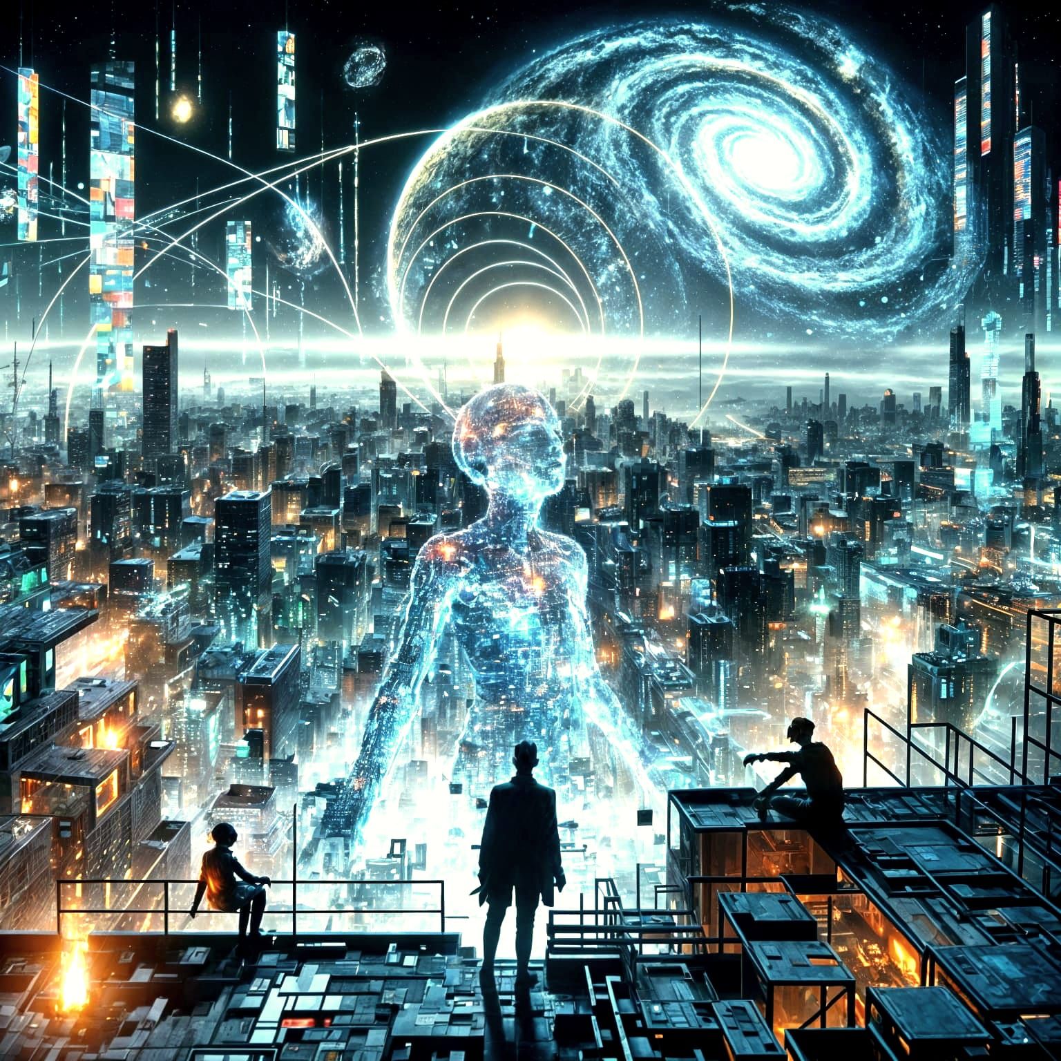 Futuristic Cityscape with Spectral Child in Cyberpunk Style