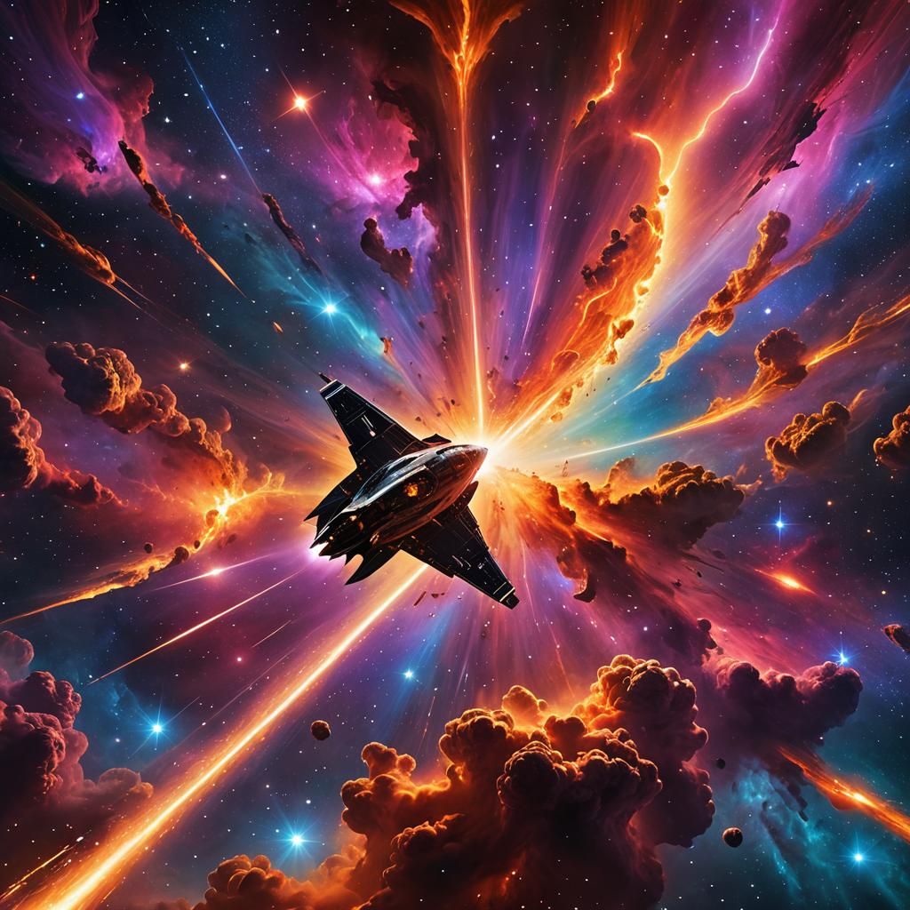 Spaceship Travels Through Nebula in Cosmic Style