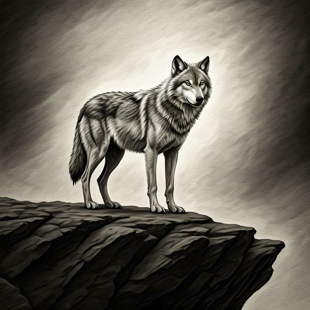 Wolf on Cliff in Realistic Charcoal Drawing