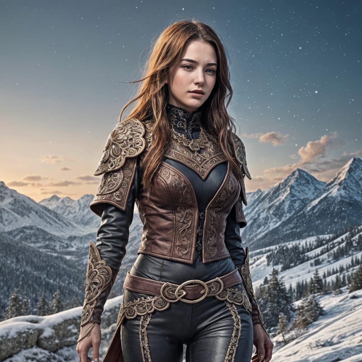 Red-Haired Warrior Woman in Winter Landscape