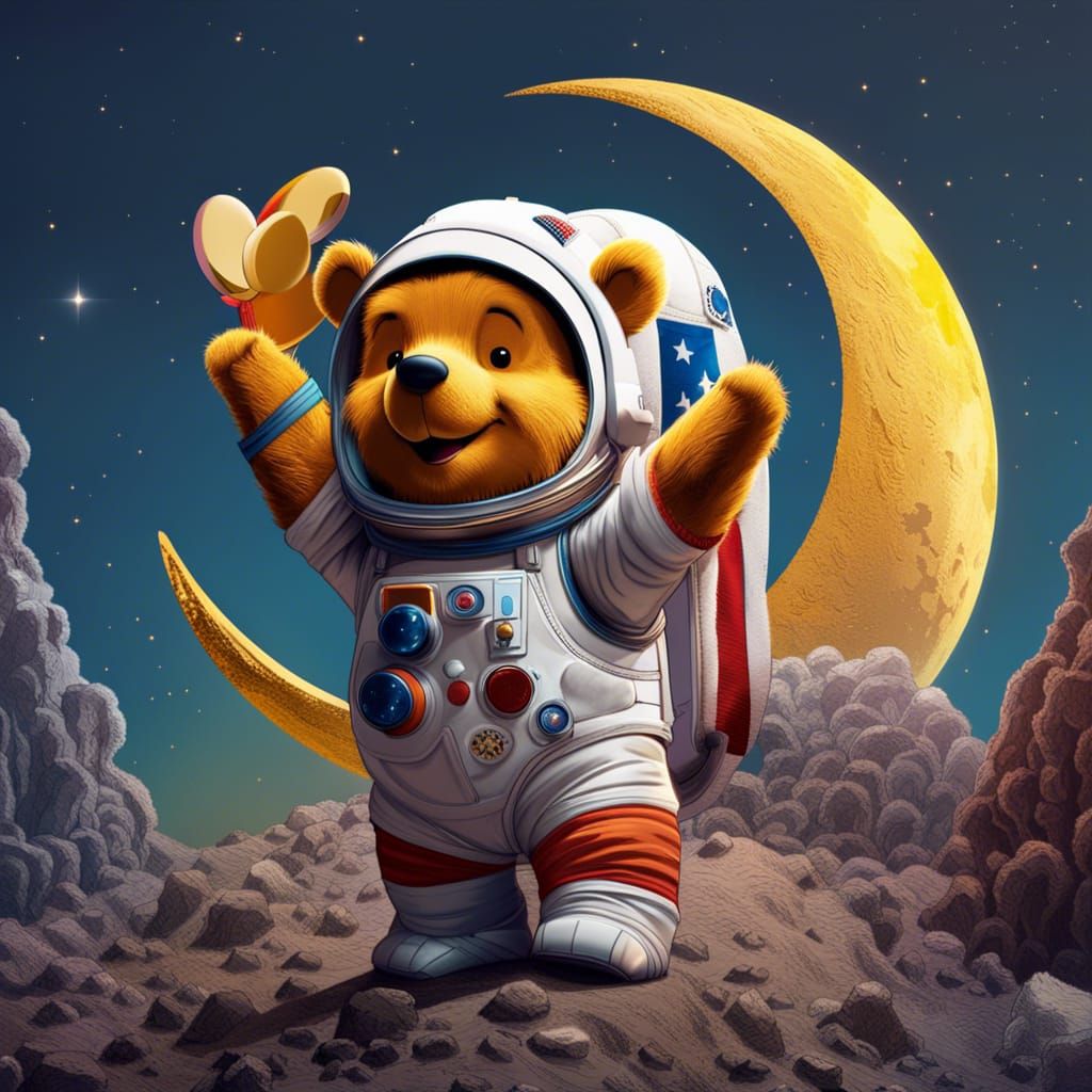Winnie the Pooh Moon Landing in Cartoon Style