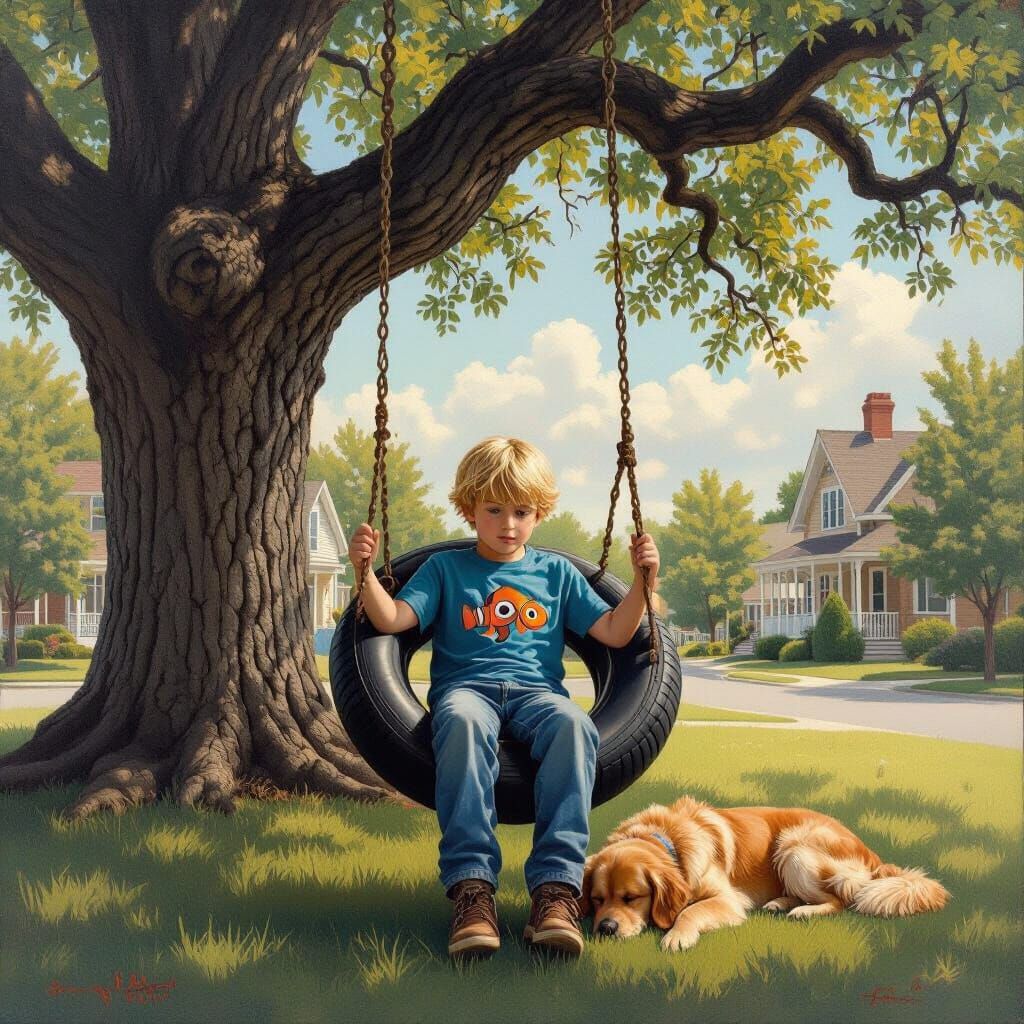 Boy on Tire Swing with Dog, Realistic Oil Painting