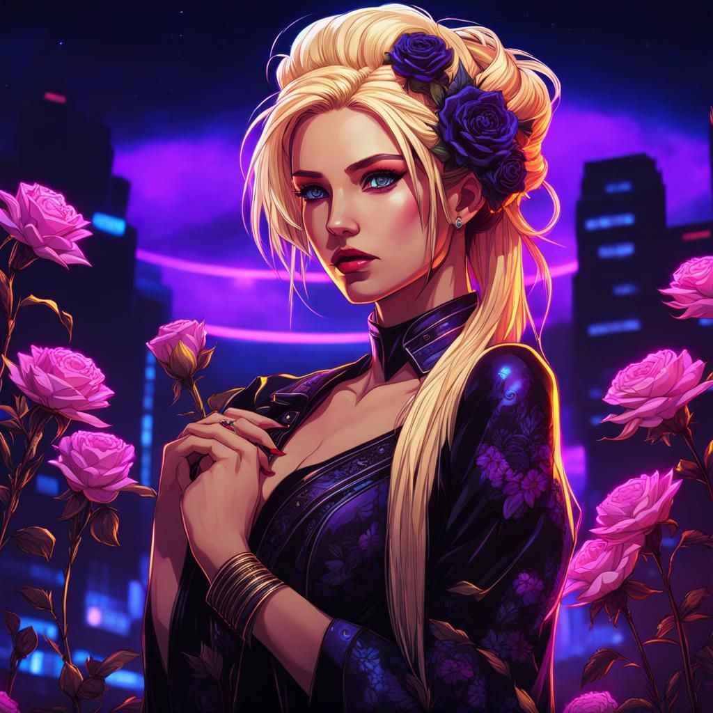 Cyberpunk Girl with Roses Under Night Sky