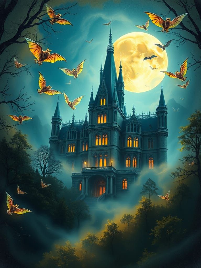 Ethereal Gothic Chateau in Moonlit Forest