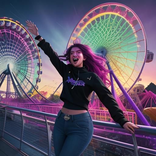 Neon Theme Park Ride at Dusk in Futuristic Style