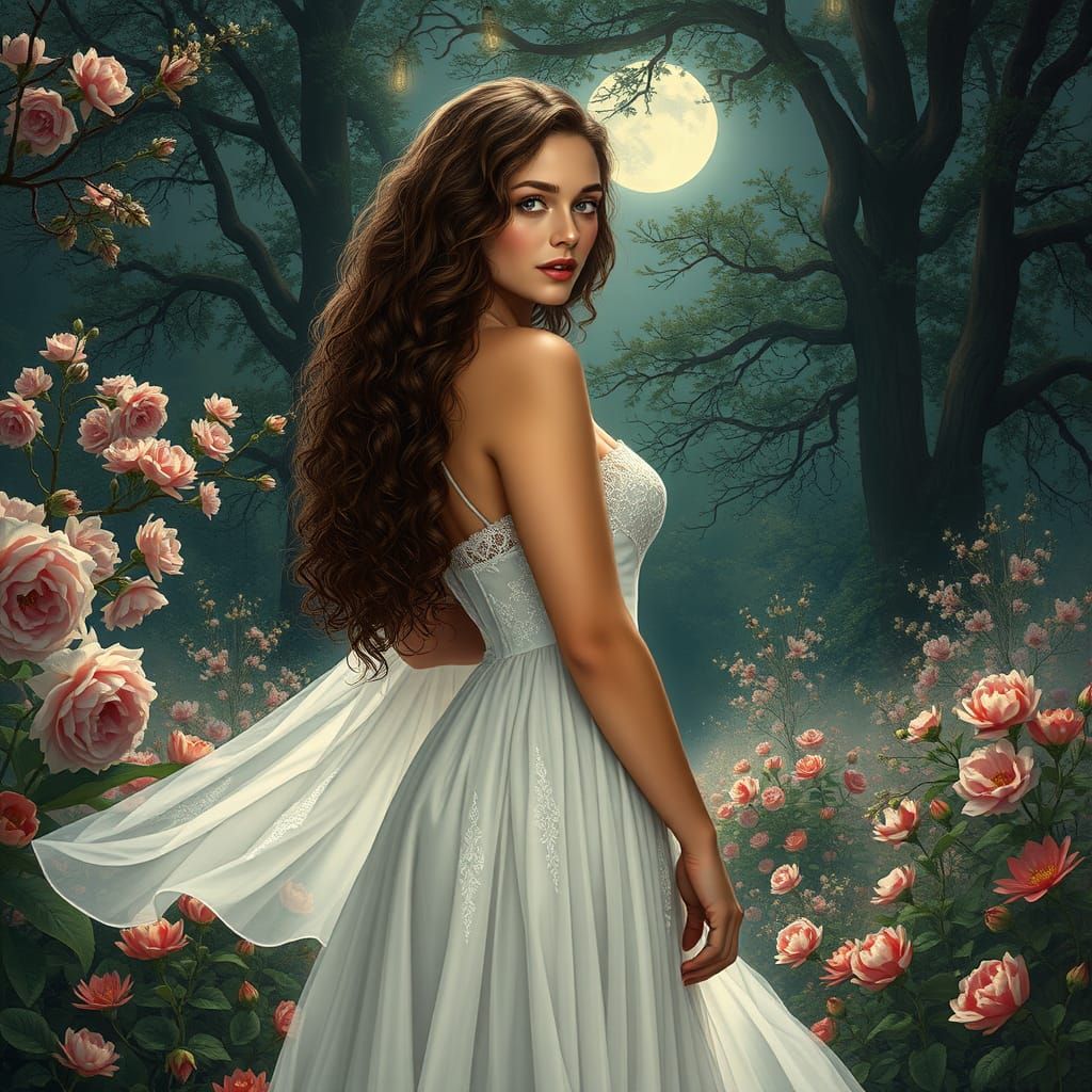 Moonlit Goddess in Romantic Oil Painting Style