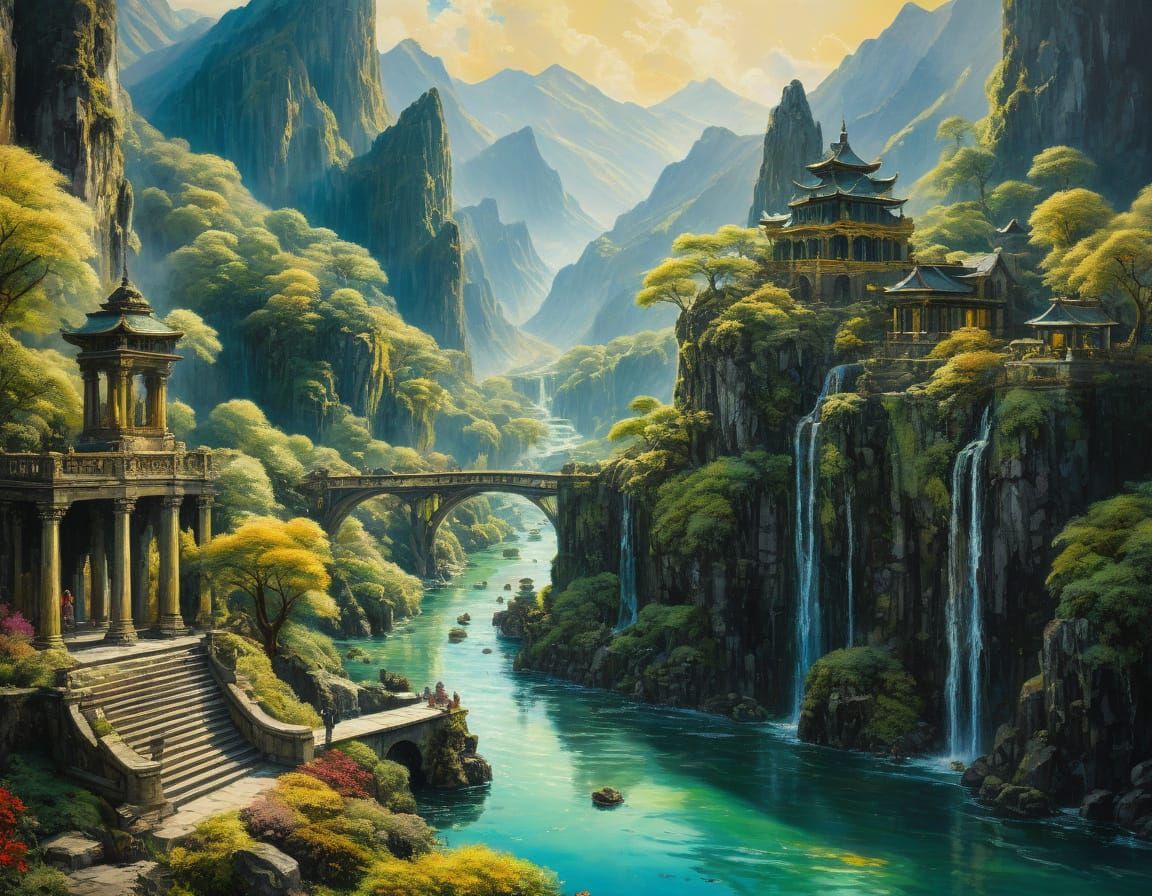 Black Marble and Gold Temple City on Mountain with Angel Sta...