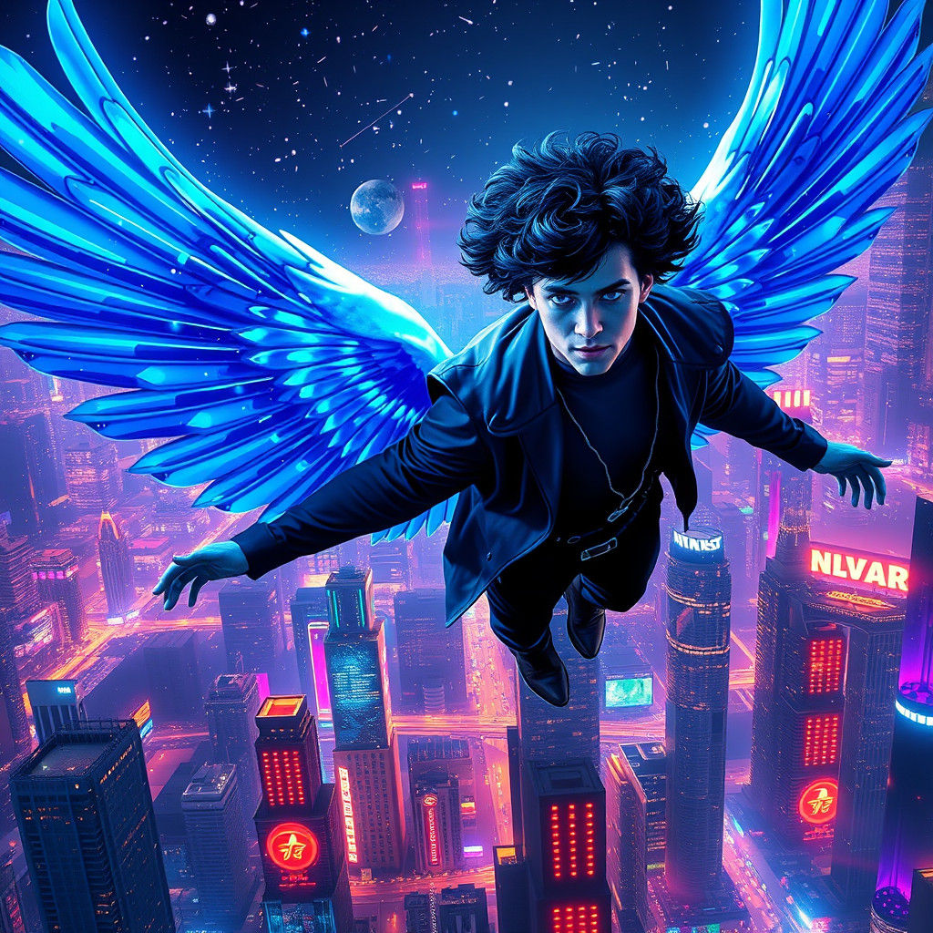 Electric Blue Angel Soaring Over Metropolis in Pop Art Style