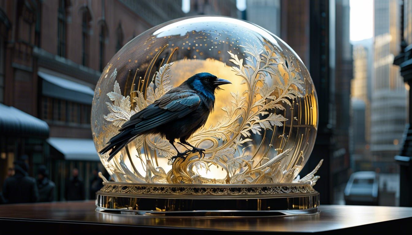Ice Crow Sculpture in Glass Sphere, Digital Art