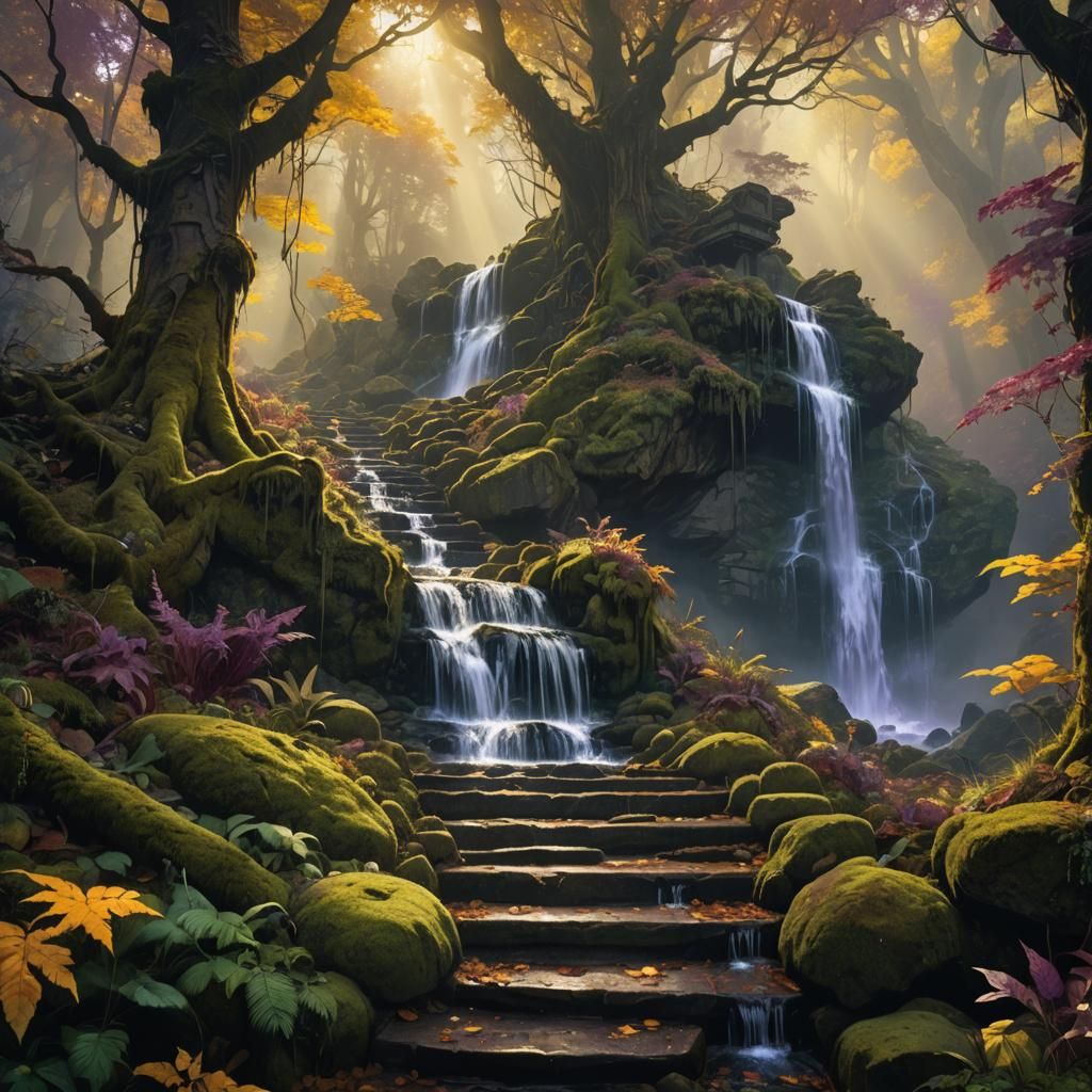 Autumn Waterfall in Dark Fantasy Style