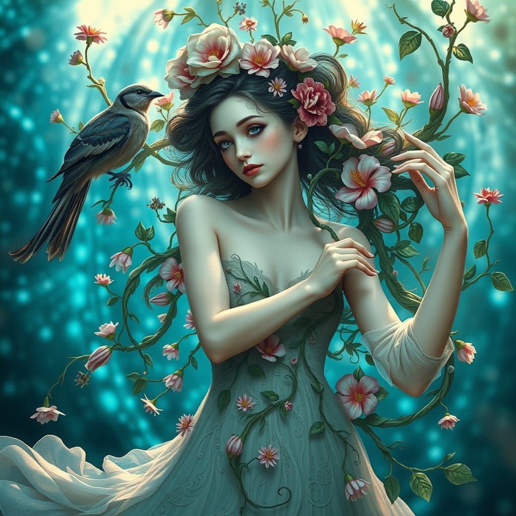 Dancing Woman with Flowers and Vines, in Surrealist Style