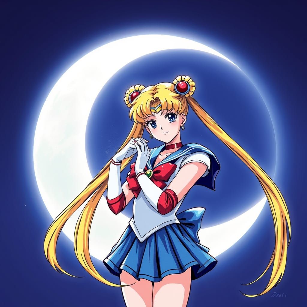 Sailor Moon Poses Before Crescent Moon in Alcohol Ink Style