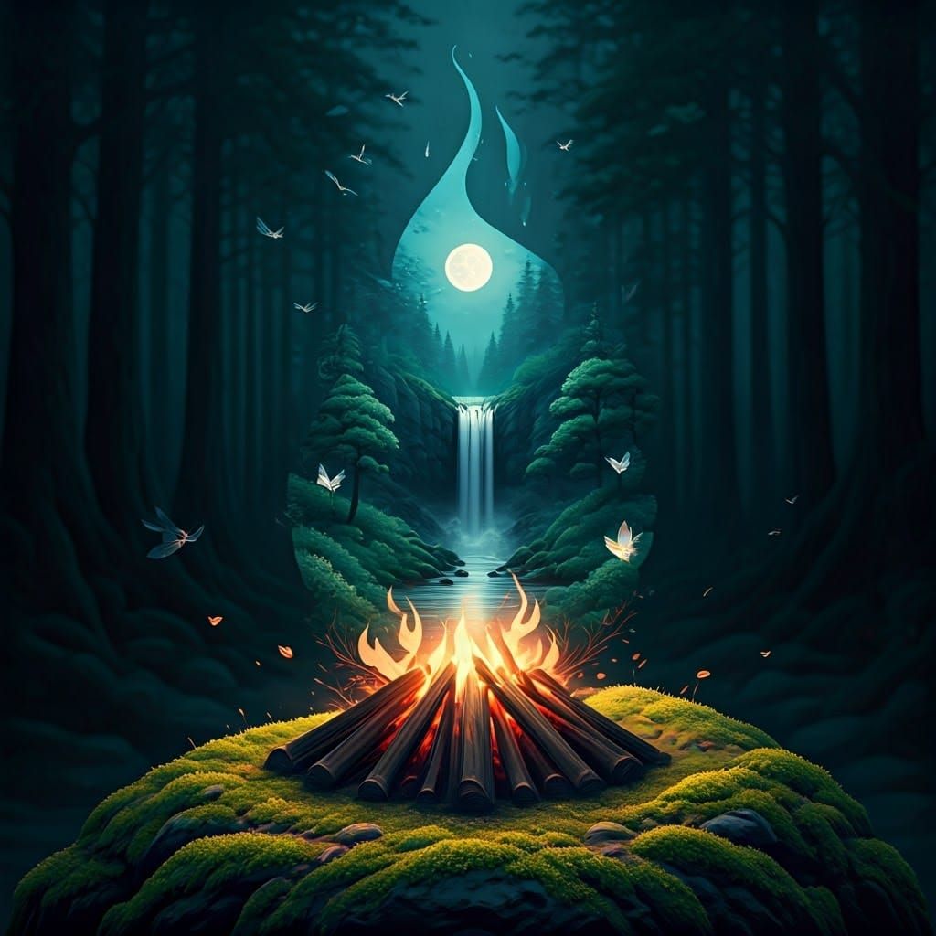 Campfire Portal to a Mystical Moonlit Landscape