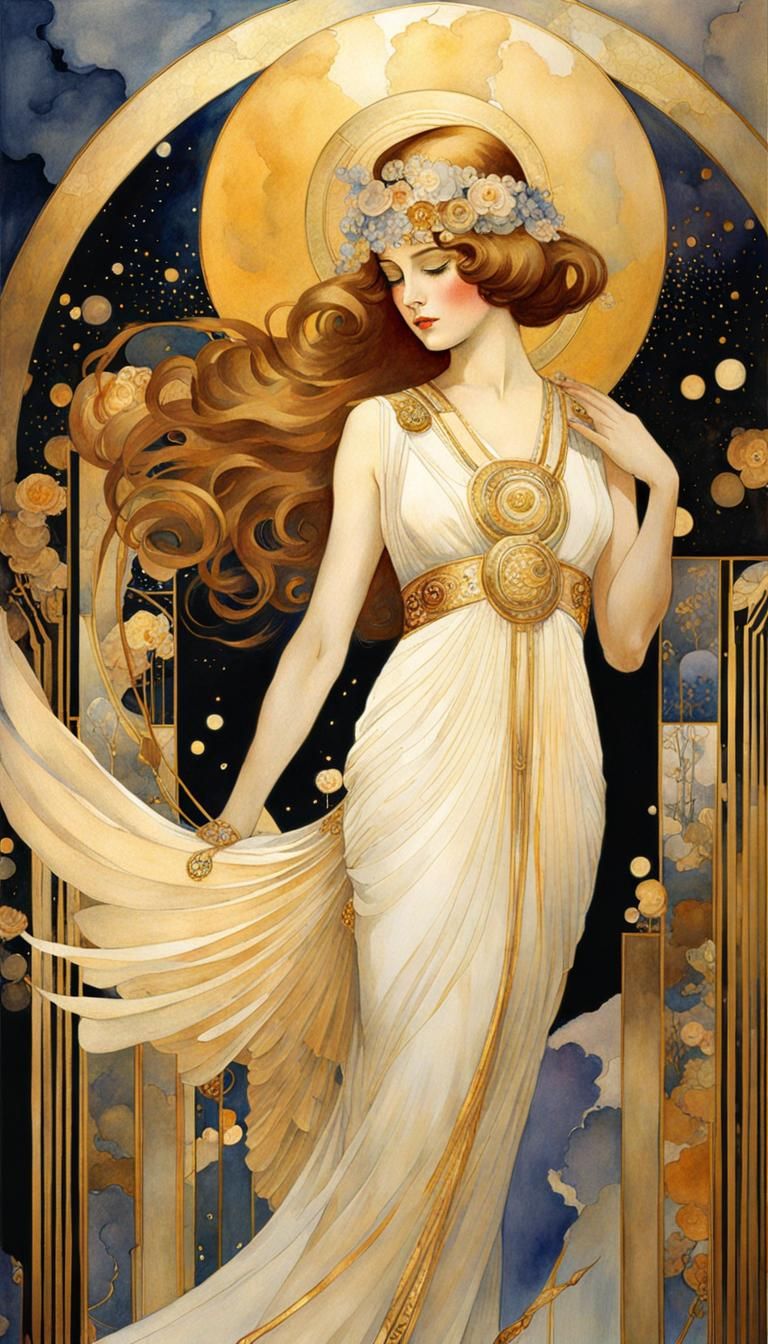 Art Deco Angel with Dove in Watercolor