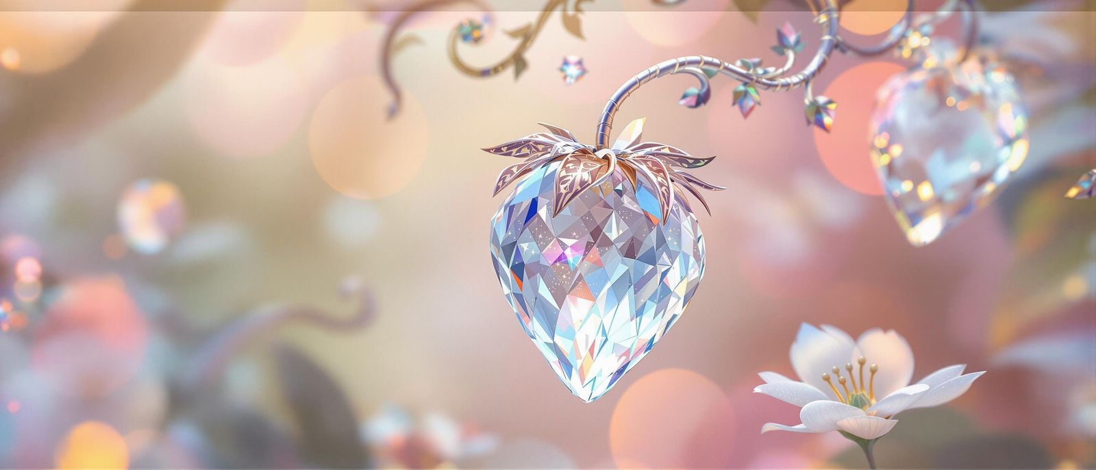 Crystal Strawberry Blooms on an Ornate Silver Vine