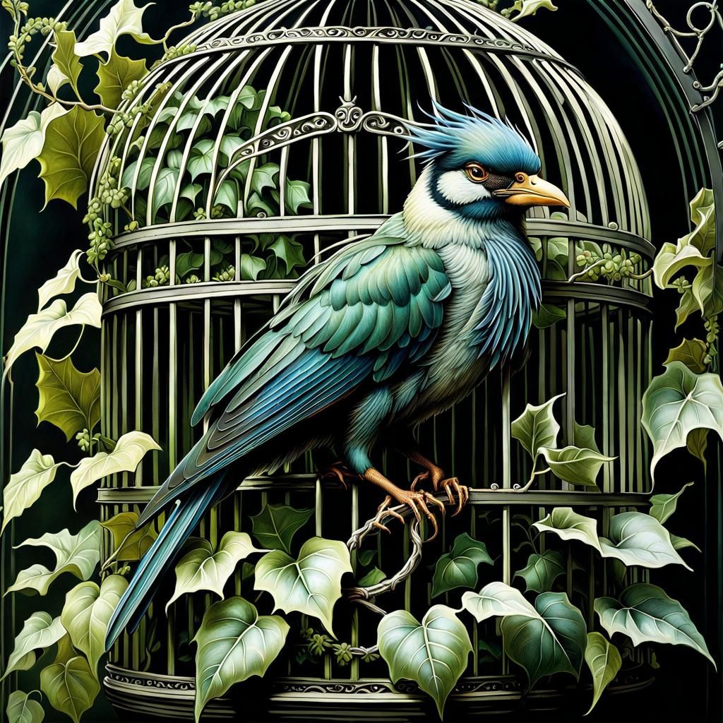 Menacing Mythical Bird Trapped in Domed Cage