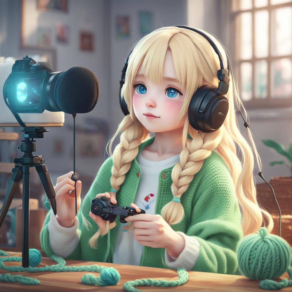 Blonde Girl Crocheting for TikTok: Anime-Inspired 3D Art