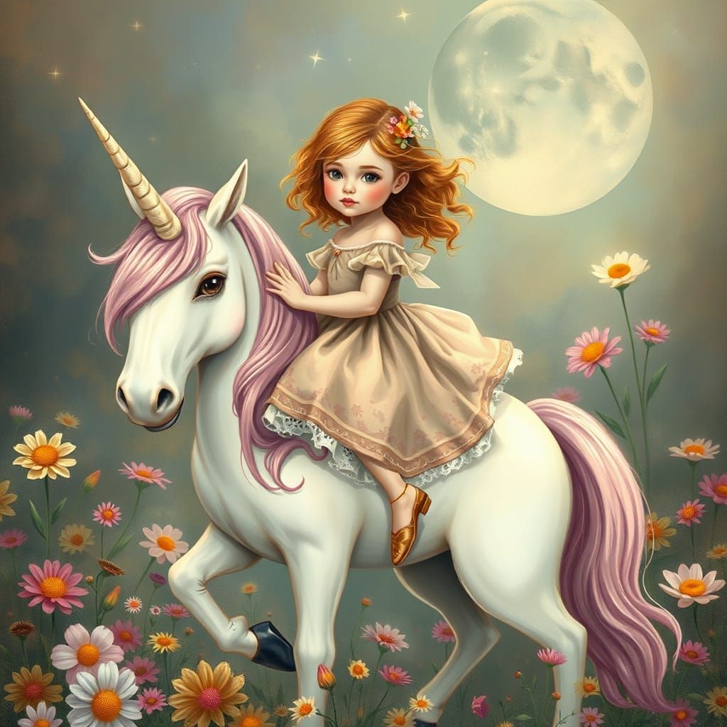 Girl on Unicorn Surrounded by Flowers