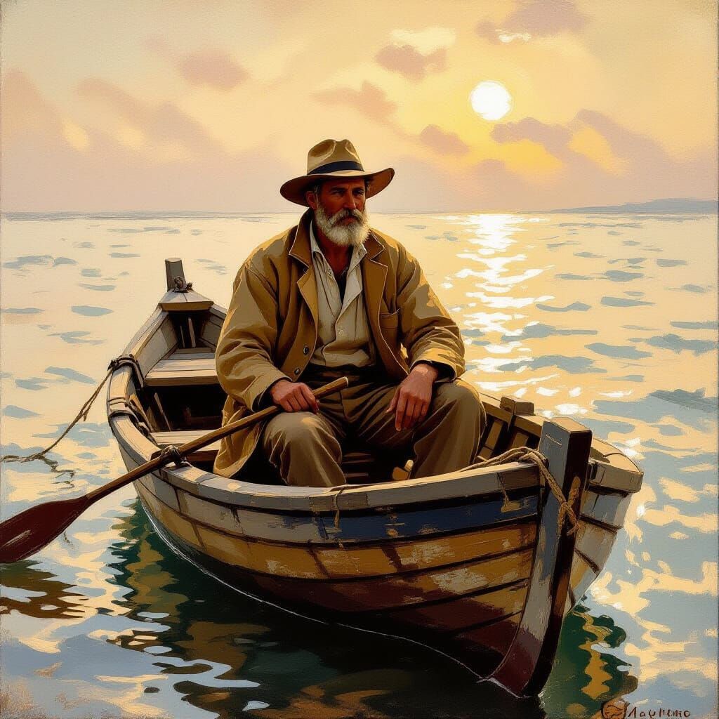 Fisherman in Boat, Impressionist Style of Claude Monet