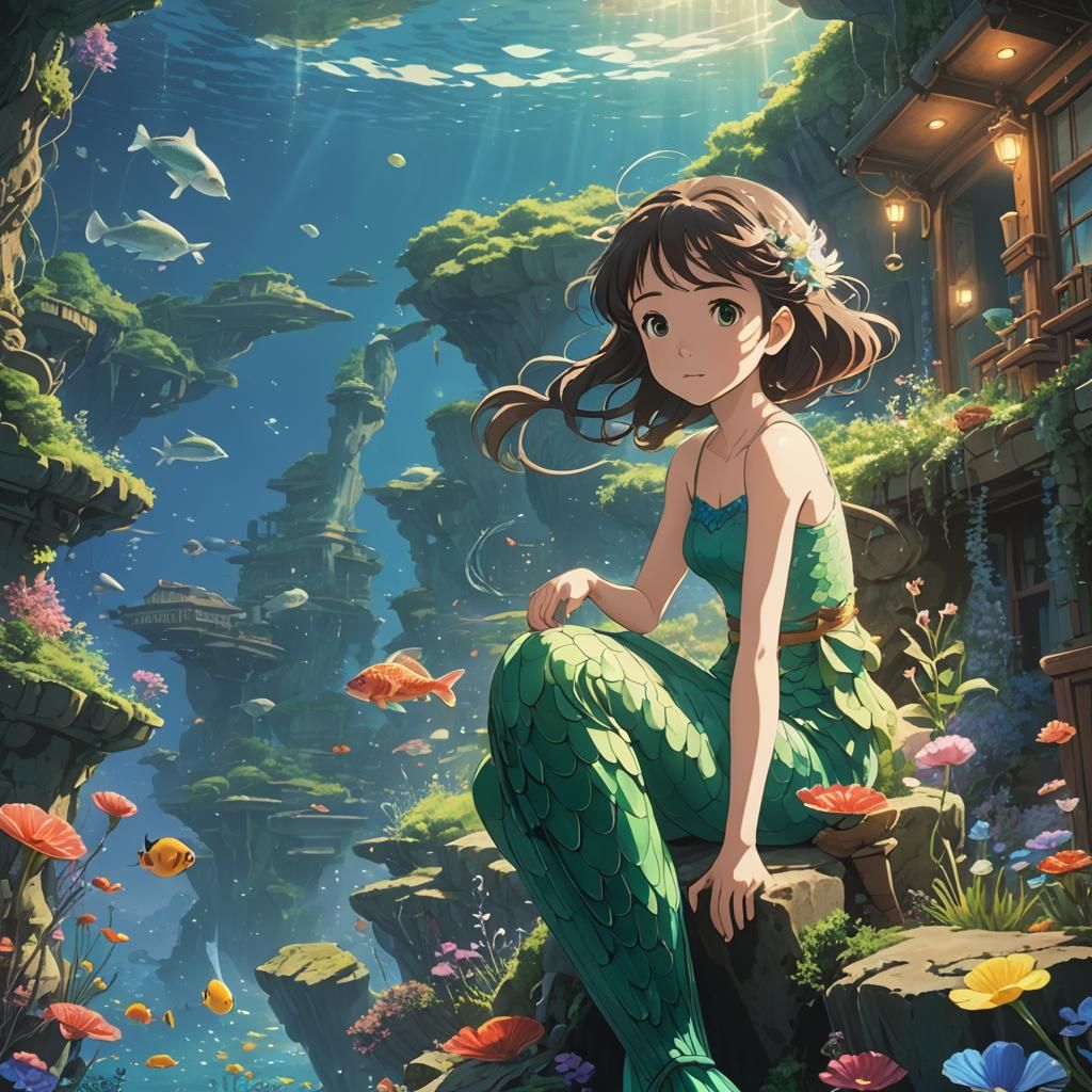 Anime Mermaid Princess in Studio Ghibli Style