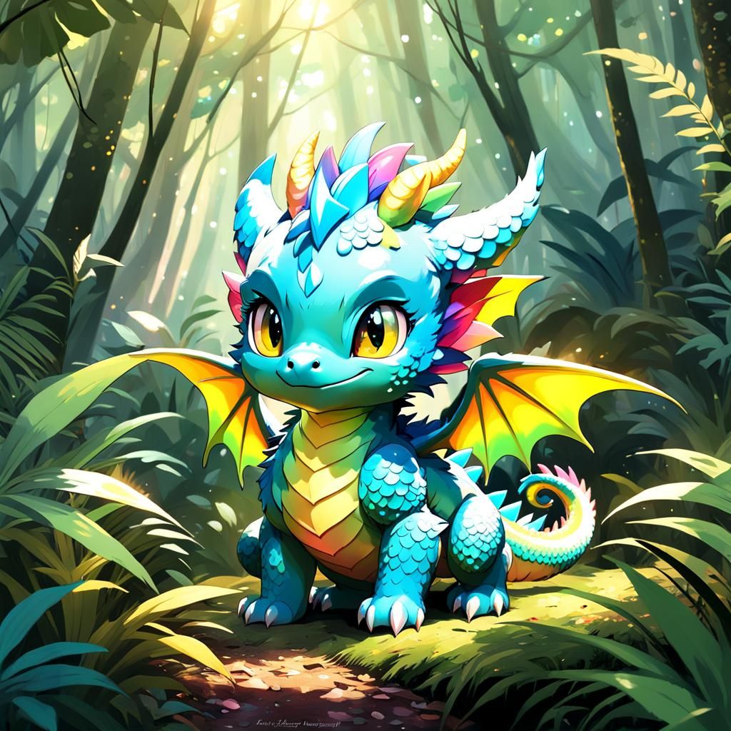 Pastel Forest: Baby Chibi Dragon with Rainbow Wings