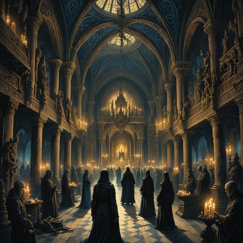 Eerie Figures in Dimly Lit Gothic Hall