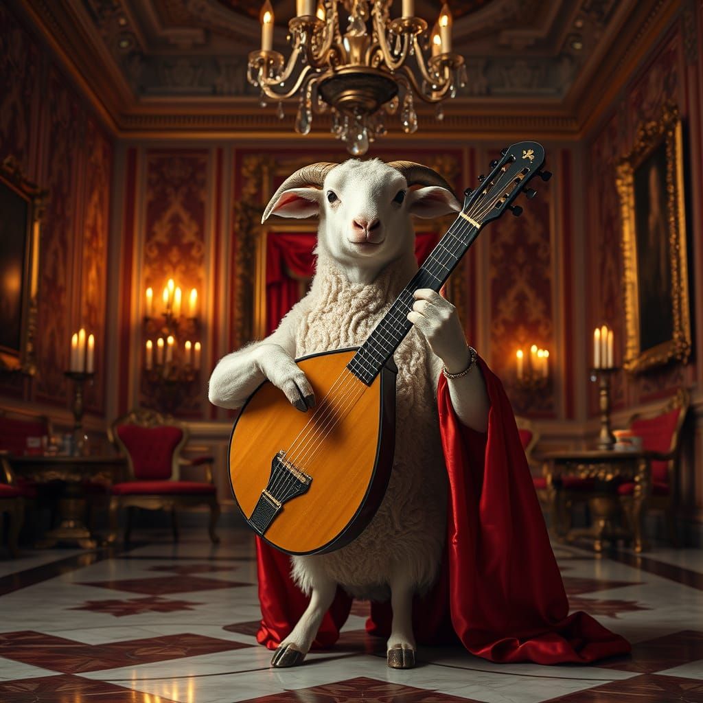 Baroque Sheep Musician in Opulent Palace Drawing Room