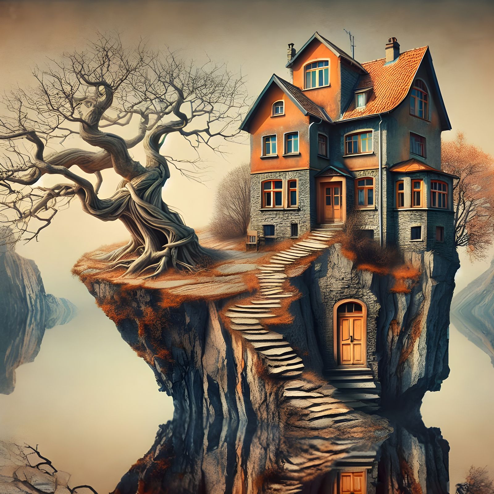 Surreal Cliffside Abode in Warm, Earthy Hues