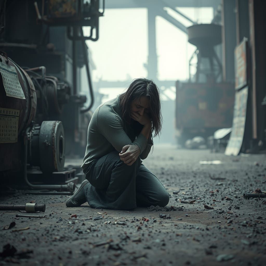 Worn Figure in Desolate Industrial Landscape