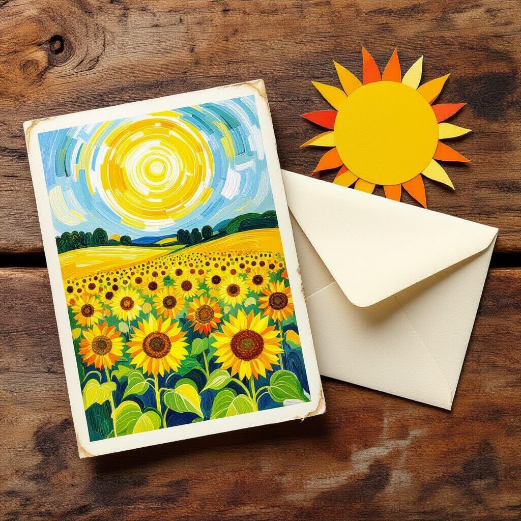 Sunflower Field Postcard as Impasto Painting