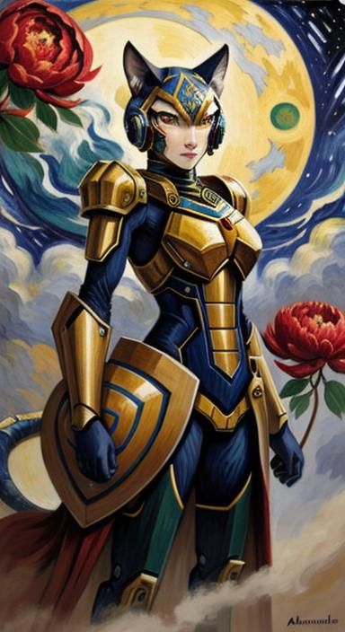 Woolitized Mecha Bastet with Peonies in Gouache Style