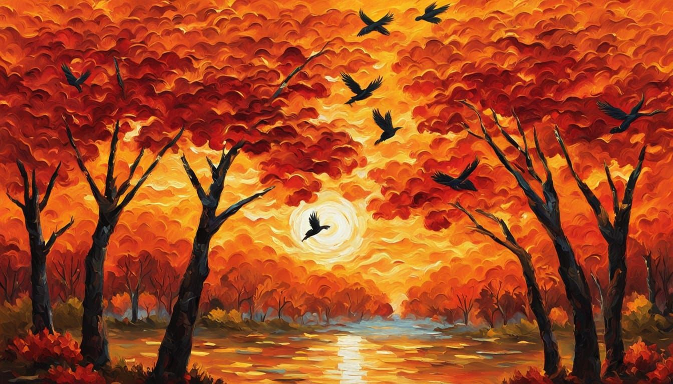 Warm Autumn Sunrise Landscape in Impasto Style