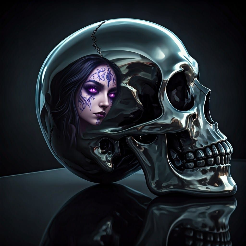 Chrome Skull Reflection: Gothic Cyberpunk Portrait
