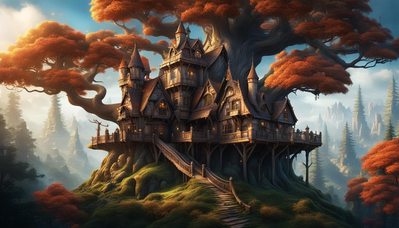 Fantasy Treehouse Castle in Pine Forest, Detailed Art