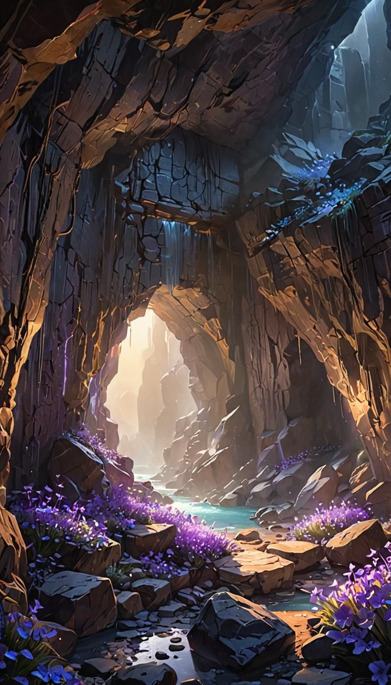 Glowing Portal at Dawn in Rocky Cavern
