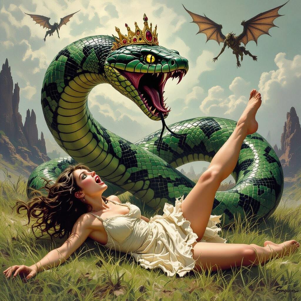 Gothic Fantasy: Woman Versus Giant Snake with Crown