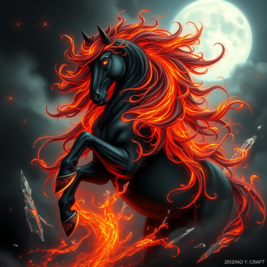 Fiery Black Stallion in Surreal Gothic Art Style