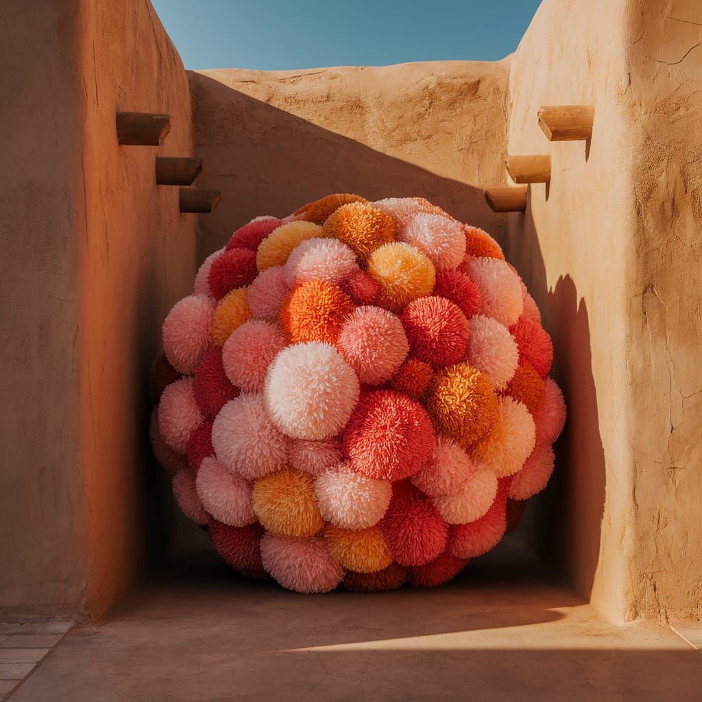 Vibrant Pom Pom Art Sculpture in Golden Sunlight