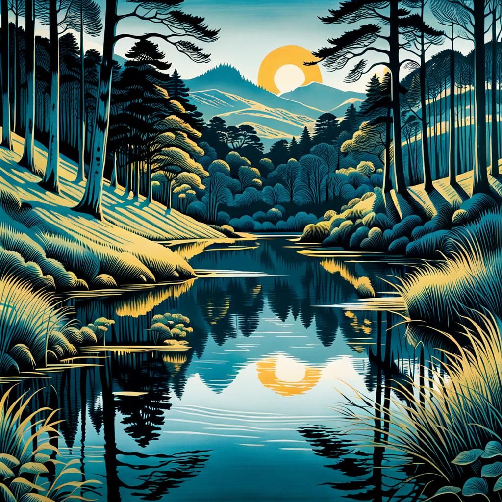 Landscape Reflected in Lake: Wood Engraving
